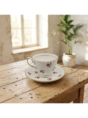 Vintage Colclough Teacup Saucer Set Ditsy Pink Rose Bone China 7433